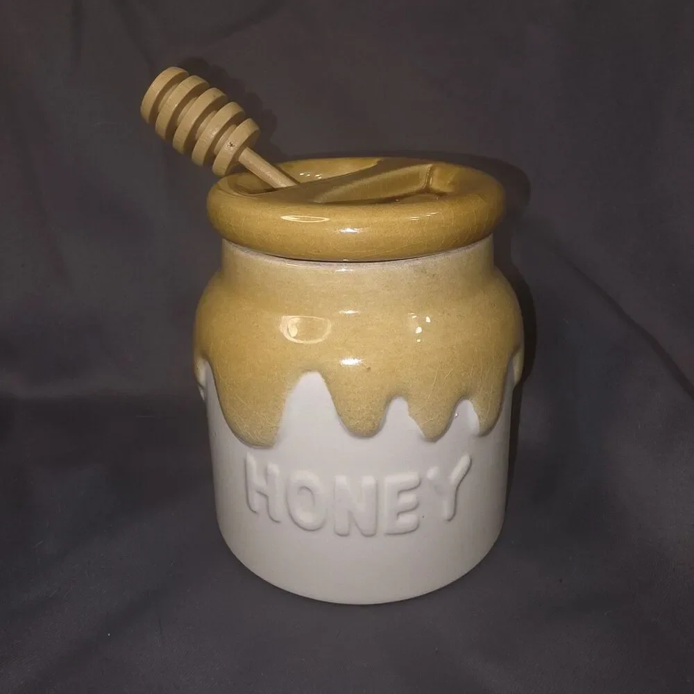 Vintage 1982 Teleflora Ceramic Honey Pot Jar Lid Wooden Dipper Portugal